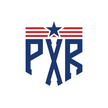 Patriotic PXR Logo with Star and American Flag Straps. Letter PXR Logo with USA Flag clipart