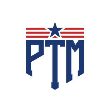 Patriotic PTM Logo with Star and American Flag Straps. Letter PTM Logo with USA Flag clipart