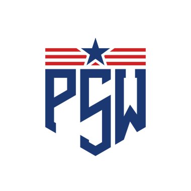 Yıldız ve Amerikan Bayrak Kayışlı Vatansever PSW logosu. ABD Bayrağı ile PSW Logosu