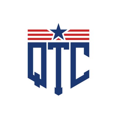 Patriotic QTC Logo with Star and American Flag Straps. Letter QTC Logo with USA Flag clipart