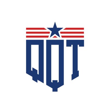 Patriotic QQT Logo with Star and American Flag Straps. Letter QQT Logo with USA Flag clipart