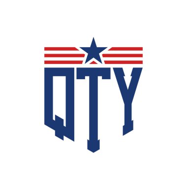 Patriotic QTY Logo with Star and American Flag Straps. Letter QTY Logo with USA Flag clipart