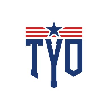 Patriotic TYO Logo with Star and American Flag Straps. Letter TYO Logo with USA Flag clipart