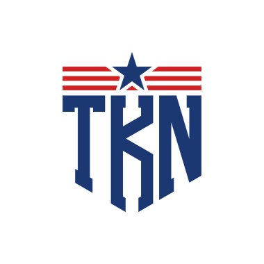 Patriotic TKN Logo with Star and American Flag Straps. Letter TKN Logo with USA Flag clipart