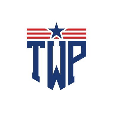 Patriotic TWP Logo with Star and American Flag Straps. Letter TWP Logo with USA Flag clipart