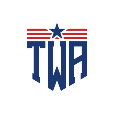 Patriotic TWA Logo with Star and American Flag Straps. Letter TWA Logo with USA Flag clipart