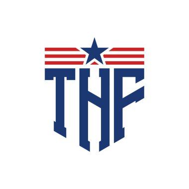 Patriotic THF Logo with Star and American Flag Straps. Letter THF Logo with USA Flag clipart