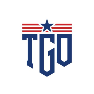 Patriotic TGO Logo with Star and American Flag Straps. Letter TGO Logo with USA Flag clipart