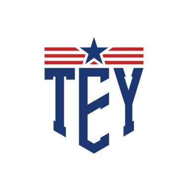 Patriotic TEY Logo with Star and American Flag Straps. Letter TEY Logo with USA Flag clipart