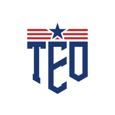 Patriotic TEO Logo with Star and American Flag Straps. Letter TEO Logo with USA Flag clipart