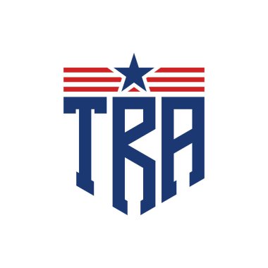 Patriotic TRA Logo with Star and American Flag Straps. Letter TRA Logo with USA Flag clipart