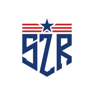 Patriotic SZR Logo with Star and American Flag Straps. Letter SZR Logo with USA Flag clipart