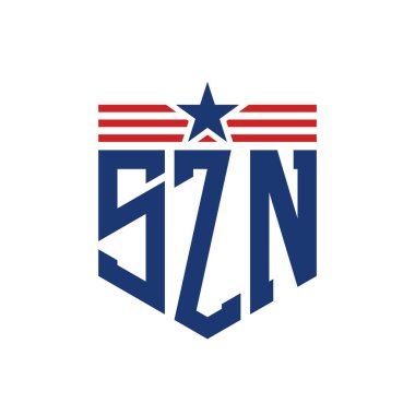 Patriotic SZN Logo with Star and American Flag Straps. Letter SZN Logo with USA Flag clipart