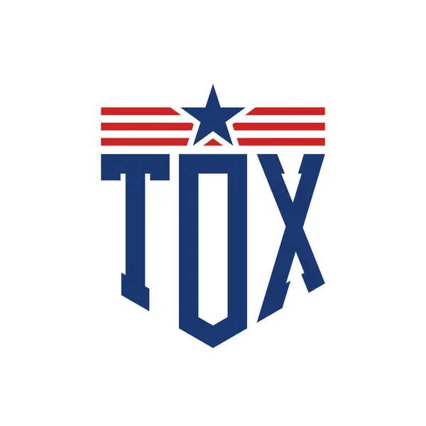 stock vector Patriotic TOX Logo with Star and American Flag Straps. Letter TOX Logo with USA Flag