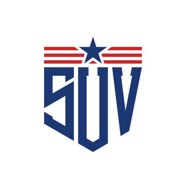 Yıldız ve Amerikan Bayrak Kayışlı Vatansever SUV logosu. ABD Bayrağı 'na sahip SUV logosu