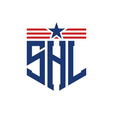 Patriotic SHL Logo with Star and American Flag Straps. Letter SHL Logo with USA Flag clipart