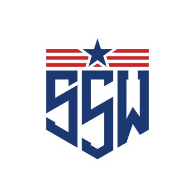 Yıldız ve Amerikan Bayrak Kayışlı Vatansever SSW logosu. ABD Bayrağı ile SSW Logosu