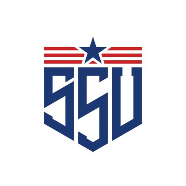 Patriotic SSU Logo with Star and American Flag Straps. Letter SSU Logo with USA Flag clipart