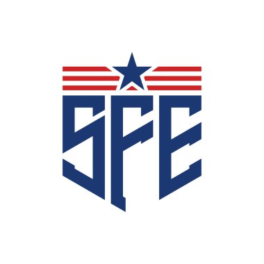 Patriotic SFE Logo with Star and American Flag Straps. Letter SFE Logo with USA Flag clipart