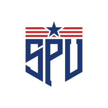 Patriotic SPU Logo with Star and American Flag Straps. Letter SPU Logo with USA Flag clipart