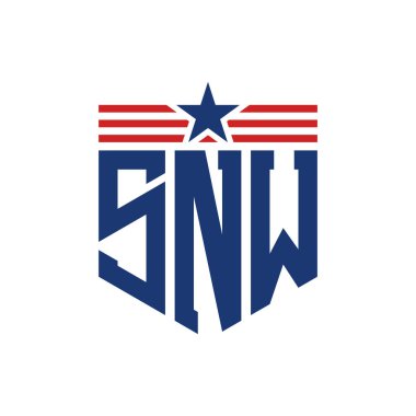 Patriotic SNW Logo with Star and American Flag Straps. Letter SNW Logo with USA Flag clipart