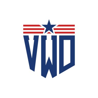 Patriotic VWD Logo with Star and American Flag Straps. Letter VWD Logo with USA Flag clipart