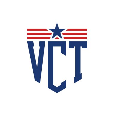 Patriotic VCT Logo with Star and American Flag Straps. Letter VCT Logo with USA Flag clipart