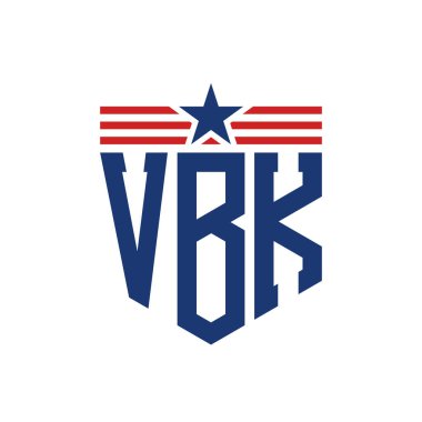 Patriotic VBK Logo with Star and American Flag Straps. Letter VBK Logo with USA Flag clipart