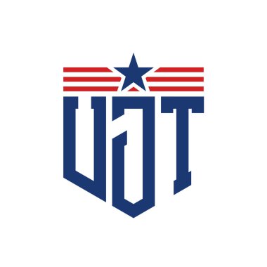 Patriotic UJT Logo with Star and American Flag Straps. Letter UJT Logo with USA Flag clipart