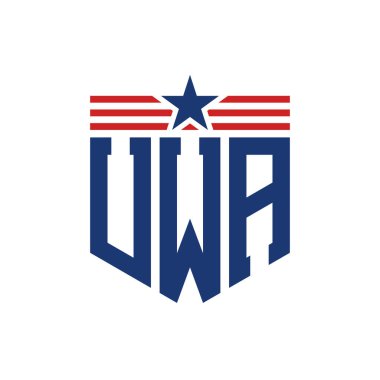 Patriotic UWA Logo with Star and American Flag Straps. Letter UWA Logo with USA Flag clipart