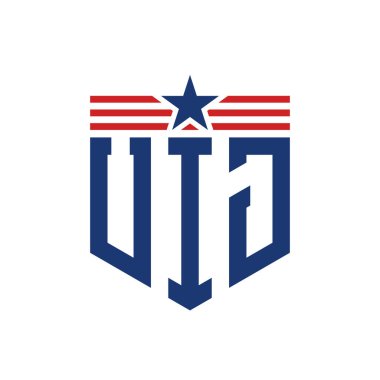 Patriotic UIJ Logo with Star and American Flag Straps. Letter UIJ Logo with USA Flag clipart