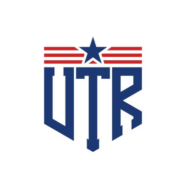 Patriotic UTR Logo with Star and American Flag Straps. Letter UTR Logo with USA Flag clipart