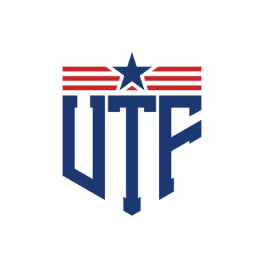 Patriotic UTF Logo with Star and American Flag Straps. Letter UTF Logo with USA Flag clipart