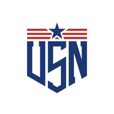 Patriotic USN Logo with Star and American Flag Straps. Letter USN Logo with USA Flag clipart