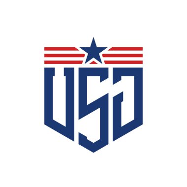 Yıldız ve Amerikan Bayrak Kayışlı Vatansever USJ logosu. ABD Bayrağı ile USJ Logosu