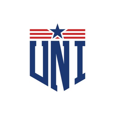 Yıldız ve Amerikan Bayrak Kayışlı Vatansever UNI logosu. ABD Bayrağı ile UNI Logosu