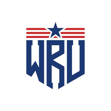 Patriotic WRU Logo with Star and American Flag Straps. Letter WRU Logo with USA Flag clipart