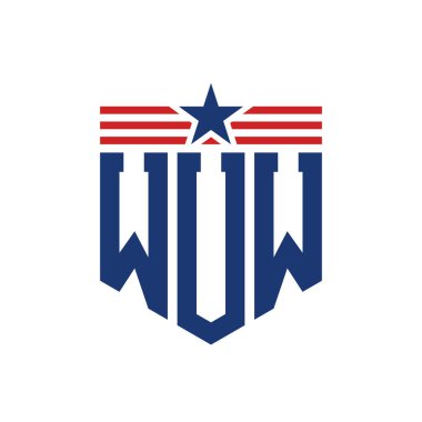 Yıldız ve Amerikan Bayrak Kayışlı Vatansever WUW logosu. ABD Bayrağıyla WUW Mektubu