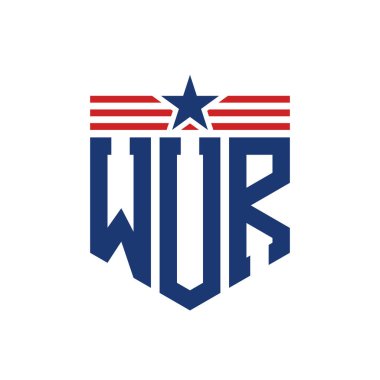 Patriotic WUR Logo with Star and American Flag Straps. Letter WUR Logo with USA Flag clipart