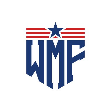 Patriotic WMF Logo with Star and American Flag Straps. Letter WMF Logo with USA Flag clipart