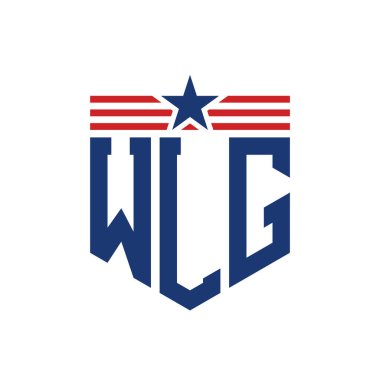 Patriotic WLG Logo with Star and American Flag Straps. Letter WLG Logo with USA Flag clipart