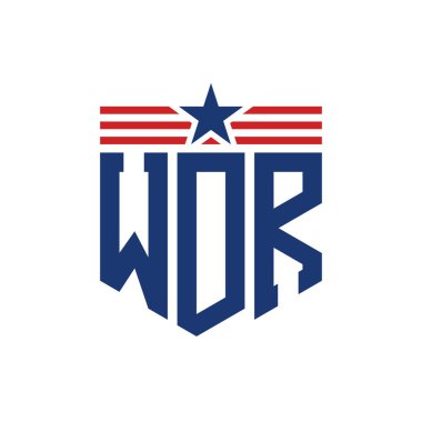 Patriotic WDR Logo with Star and American Flag Straps. Letter WDR Logo with USA Flag clipart