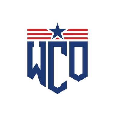 Patriotic WCO Logo with Star and American Flag Straps. Letter WCO Logo with USA Flag clipart