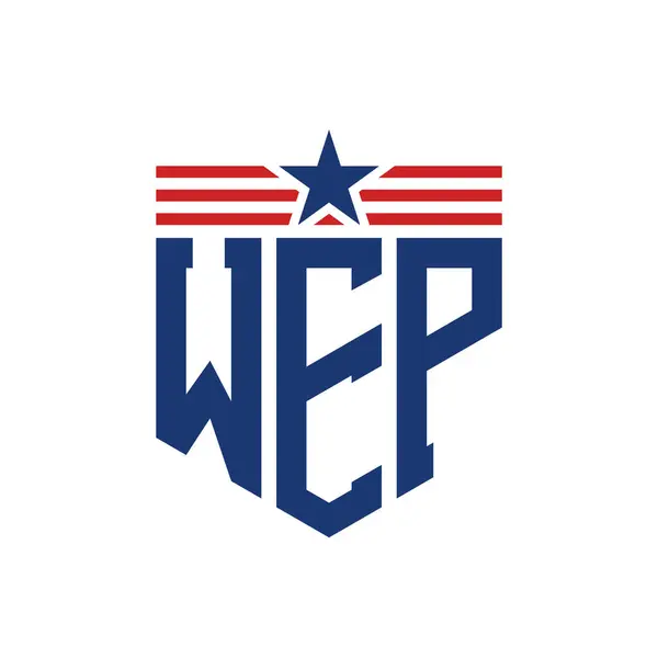 stock vector Patriotic WEP Logo with Star and American Flag Straps. Letter WEP Logo with USA Flag