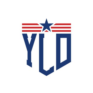 Yıldız ve Amerikan Bayrak Kayışlı Yurtsever YLD logosu. ABD Bayrağıyla Eski Mektup Logosu