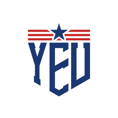 Yıldız ve Amerikan Bayrak Kayışlı Yurtsever YEU logosu. ABD Bayrağıyla YEU Logosu Mektubu