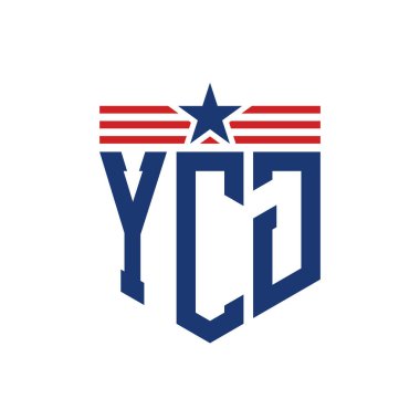 Yıldız ve Amerikan Bayrak Kayışlı Yurtsever YCJ logosu. USA Flag ile YCJ Mektubu