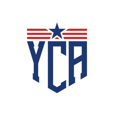 Yıldız ve Amerikan Bayrak Kayışlı Yurtsever YCA logosu. USA Flag ile Harf YCA Logosu