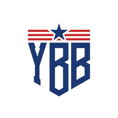 Patriotic YBB Logo with Star and American Flag Straps. Letter YBB Logo with USA Flag clipart