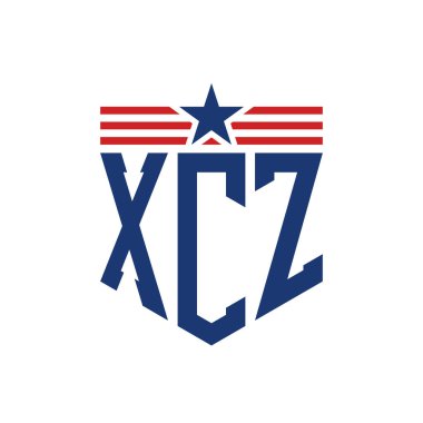 Yıldız ve Amerikan Bayrak Kayışlı Vatansever XCZ logosu. ABD Bayrağı ile XCZ harfi